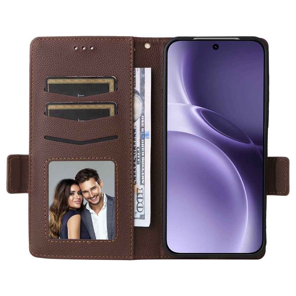 For vivo X300 Pro 5G Case Litchi Texture Wallet Leather Phone Cover with Wrist Strap - Brown