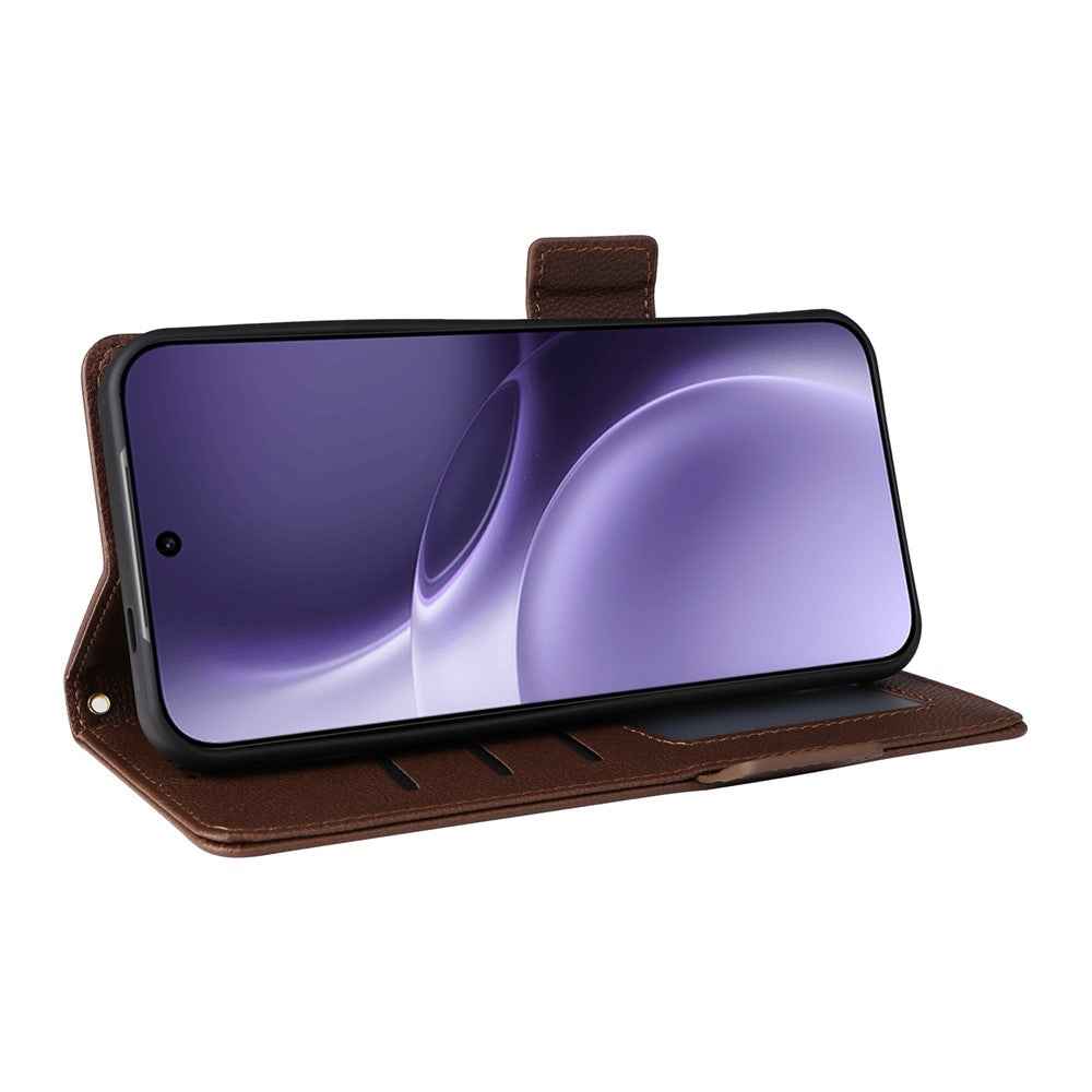 For vivo X300 Pro 5G Case Litchi Texture Wallet Leather Phone Cover with Wrist Strap - Brown