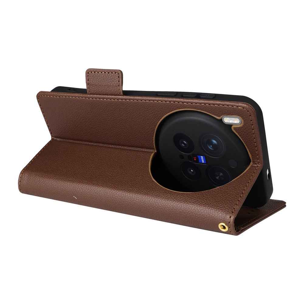 For vivo X300 Pro 5G Case Litchi Texture Wallet Leather Phone Cover with Wrist Strap - Brown