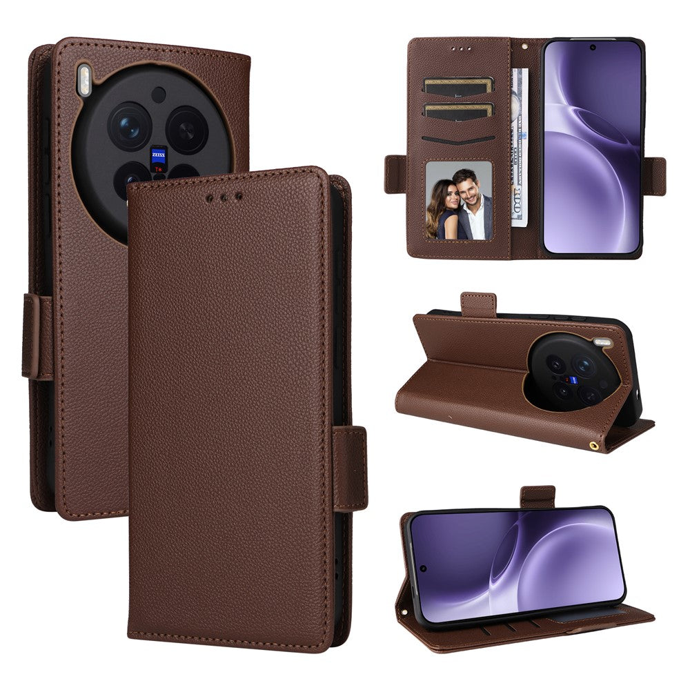 For vivo X300 Pro 5G Case Litchi Texture Wallet Leather Phone Cover with Wrist Strap - Brown