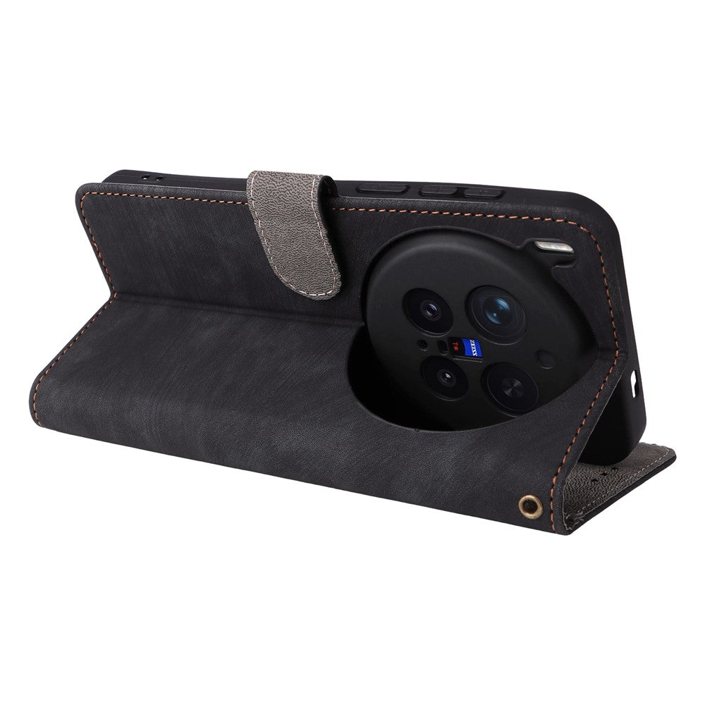 For vivo X300 Pro 5G Case Wallet RFID Blocking PU Leather Phone Cover Stand with Strap - Black