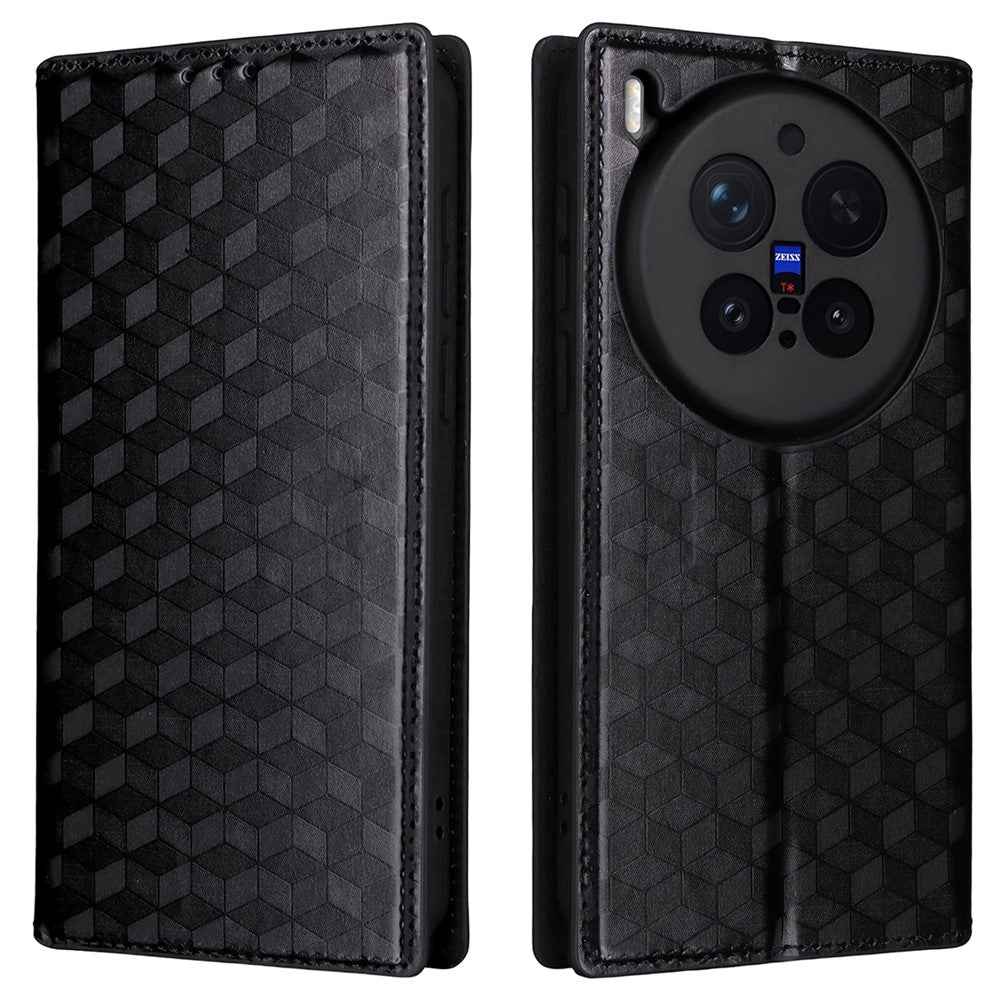 For vivo X300 Pro 5G Case Wallet Rhombus Imprinted PU Leather Phone Cover - Black