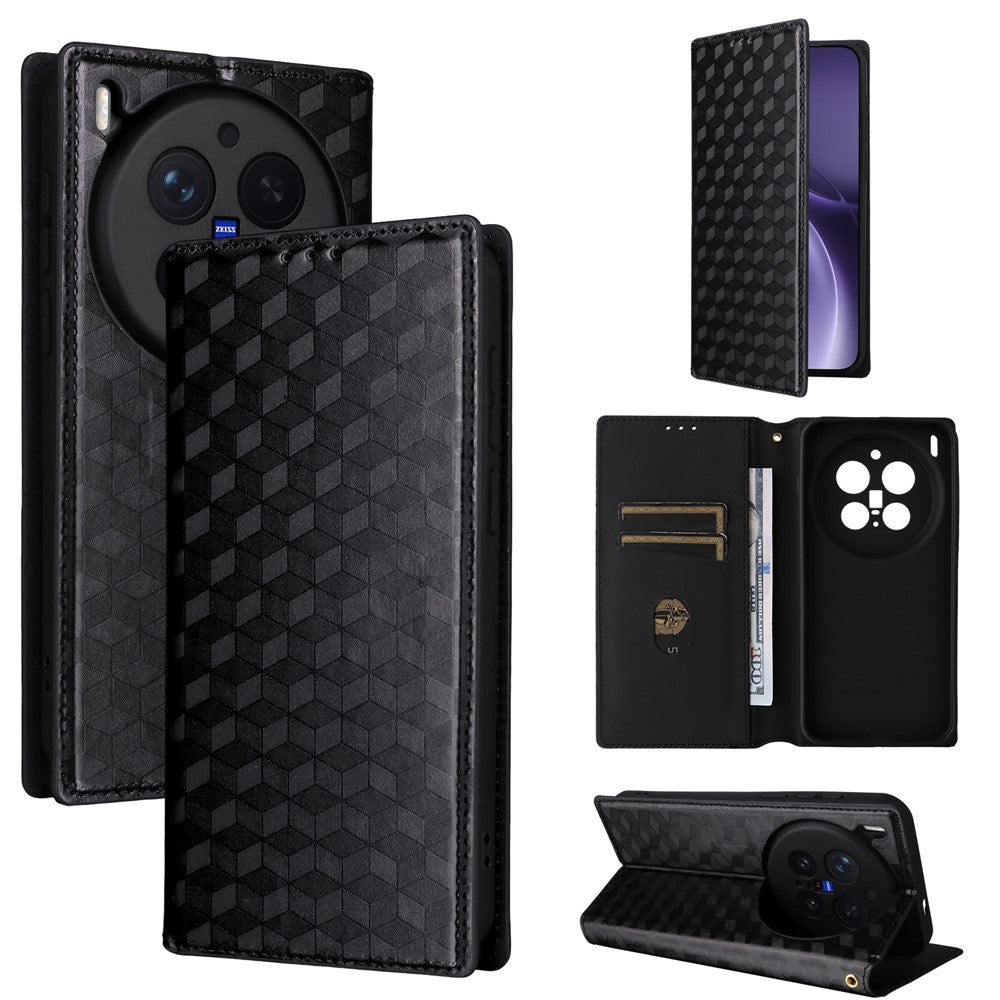 For vivo X300 Pro 5G Case Wallet Rhombus Imprinted PU Leather Phone Cover - Black