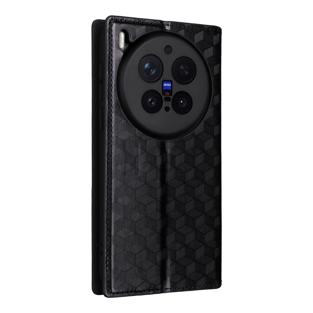 For vivo X300 Pro 5G Case Wallet Rhombus Imprinted PU Leather Phone Cover - Black