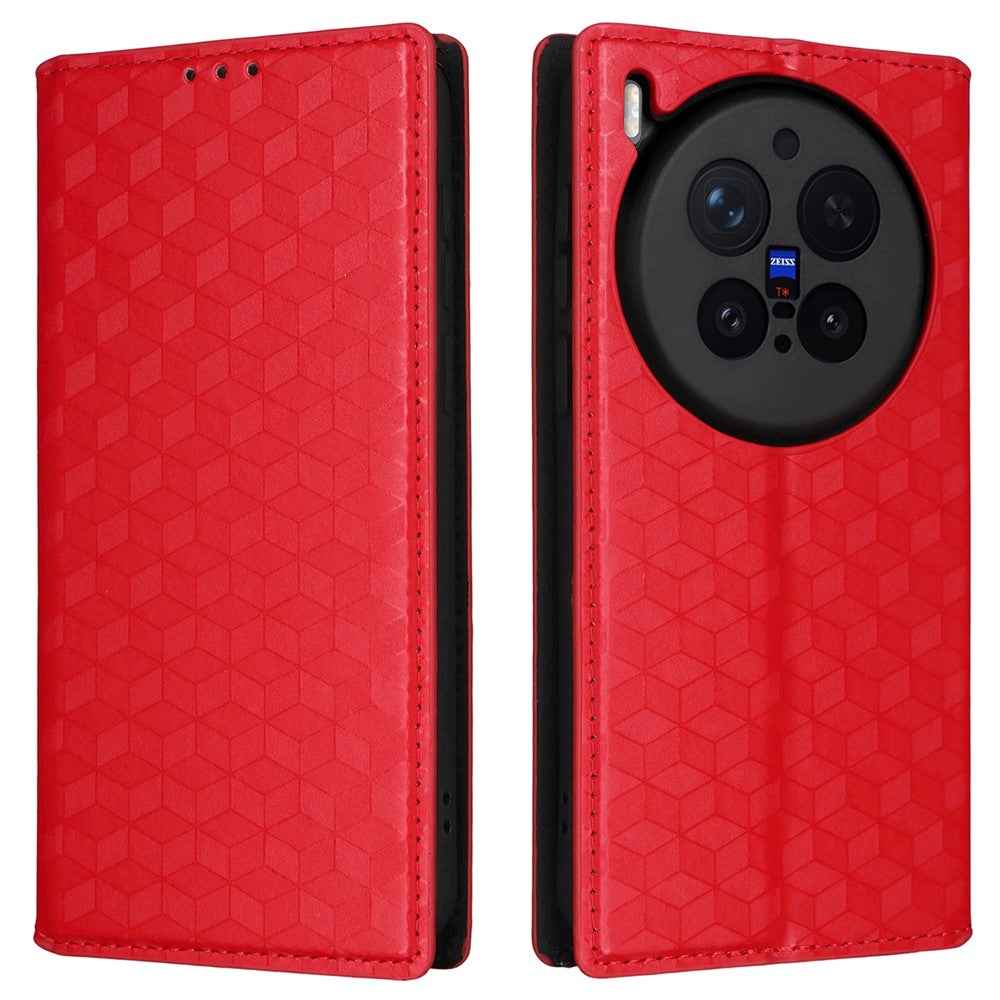 For vivo X300 Pro 5G Case Wallet Rhombus Imprinted PU Leather Phone Cover - Red