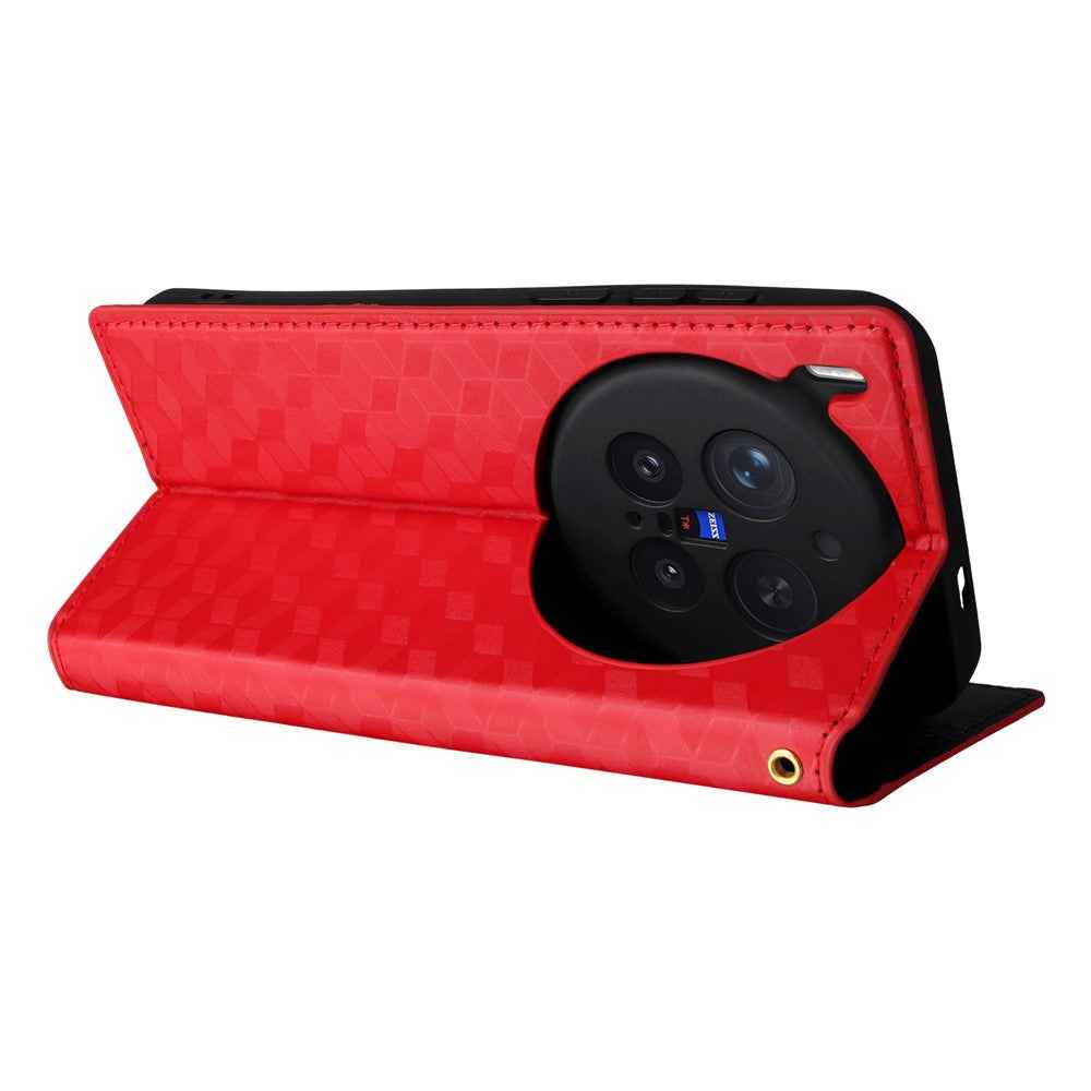 For vivo X300 Pro 5G Case Wallet Rhombus Imprinted PU Leather Phone Cover - Red