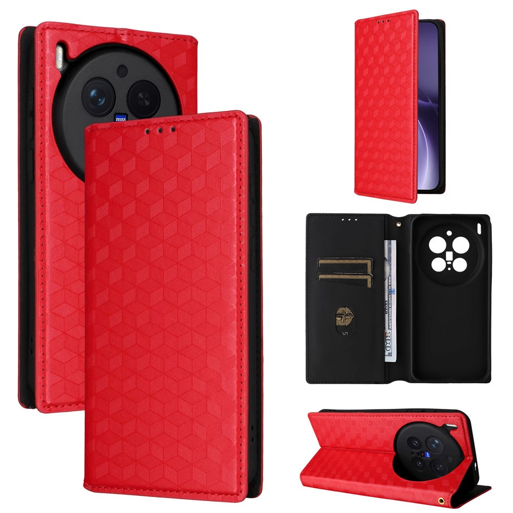 For vivo X300 Pro 5G Case Wallet Rhombus Imprinted PU Leather Phone Cover - Red