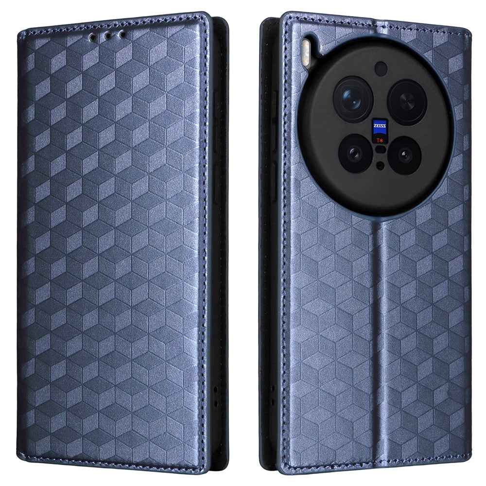 For vivo X300 Pro 5G Case Wallet Rhombus Imprinted PU Leather Phone Cover - Blue