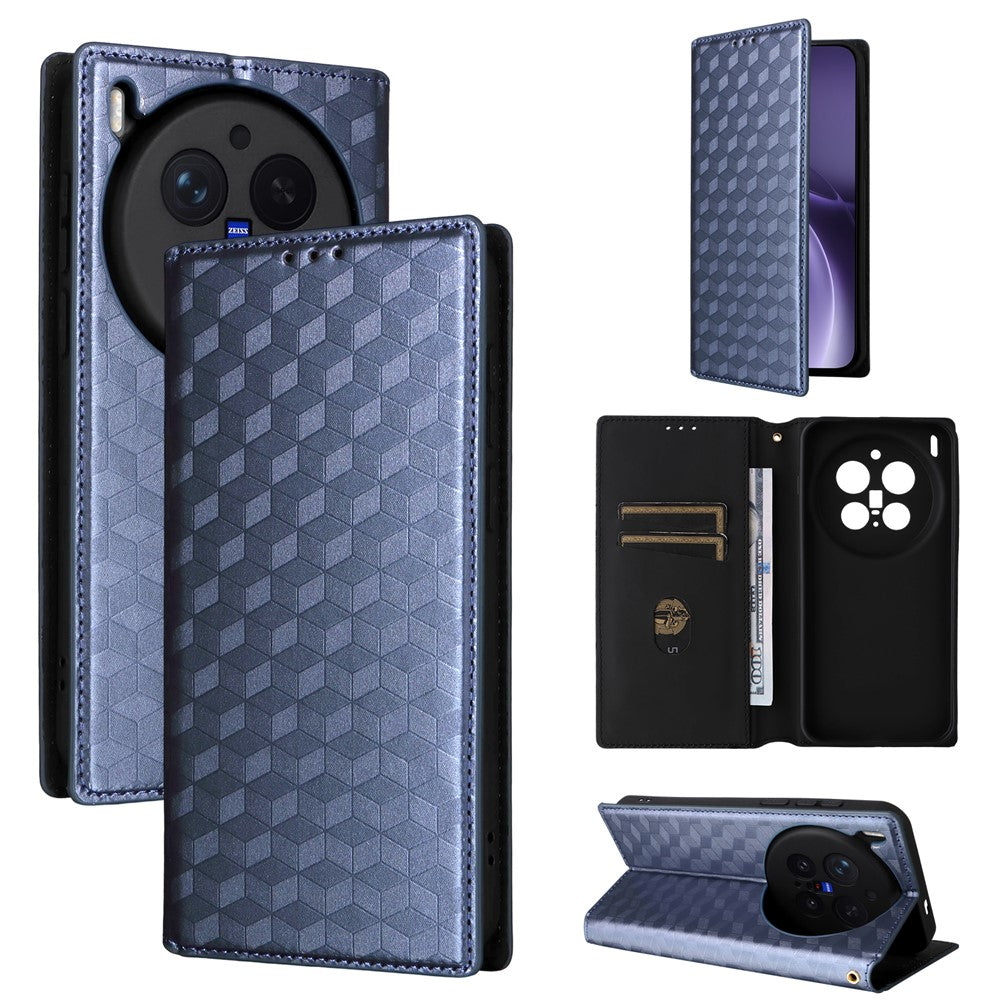 For vivo X300 Pro 5G Case Wallet Rhombus Imprinted PU Leather Phone Cover - Blue