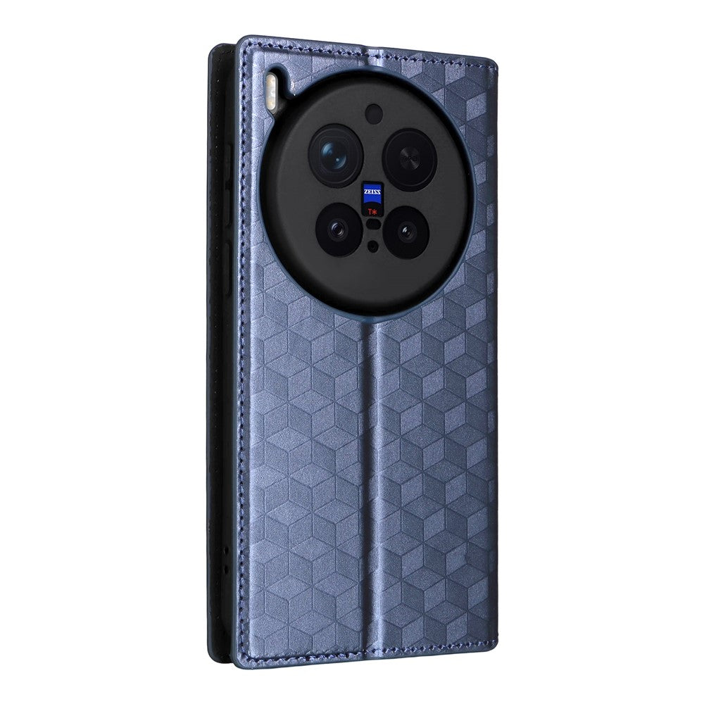 For vivo X300 Pro 5G Case Wallet Rhombus Imprinted PU Leather Phone Cover - Blue