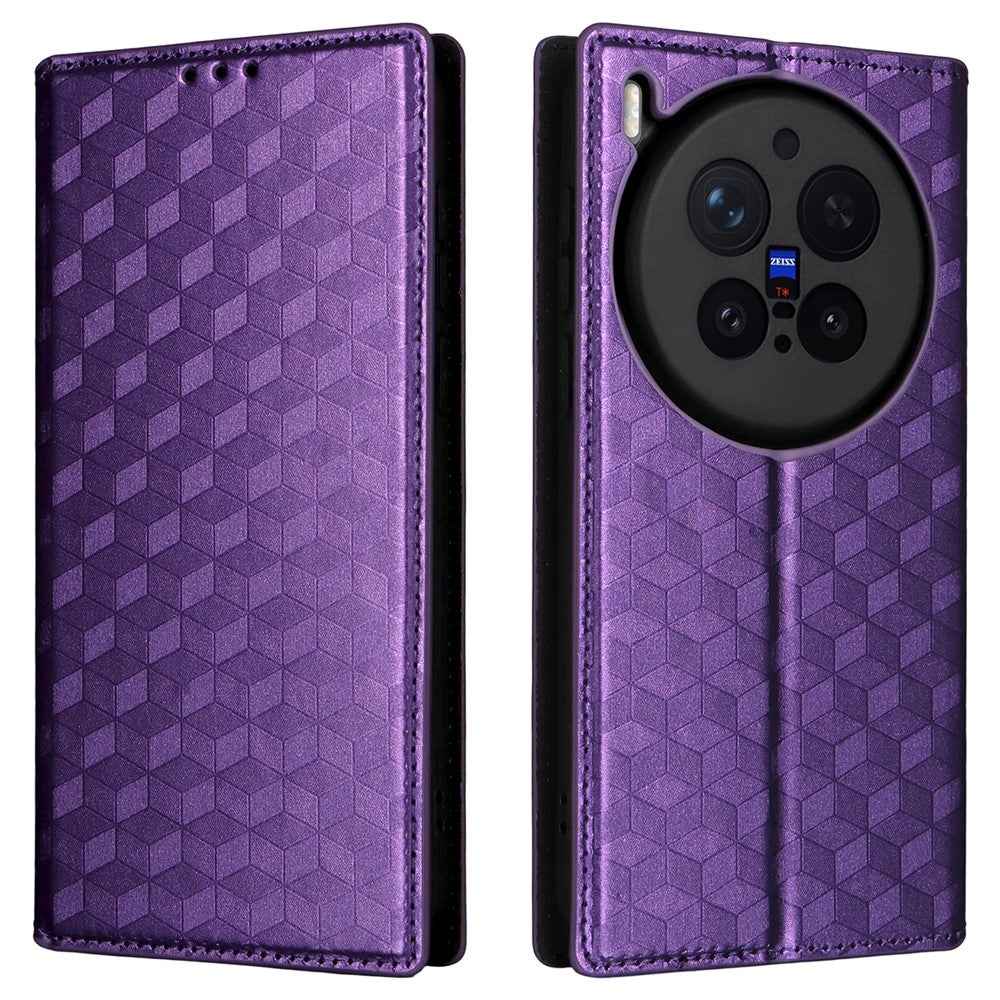 For vivo X300 Pro 5G Case Wallet Rhombus Imprinted PU Leather Phone Cover - Purple