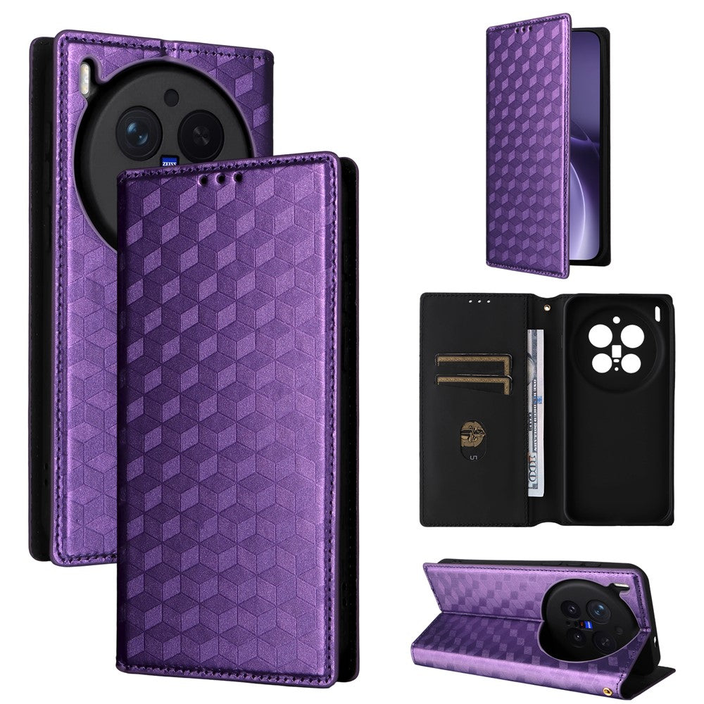 For vivo X300 Pro 5G Case Wallet Rhombus Imprinted PU Leather Phone Cover - Purple
