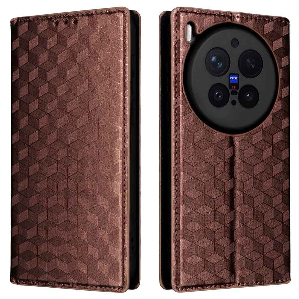 For vivo X300 Pro 5G Case Wallet Rhombus Imprinted PU Leather Phone Cover - Brown