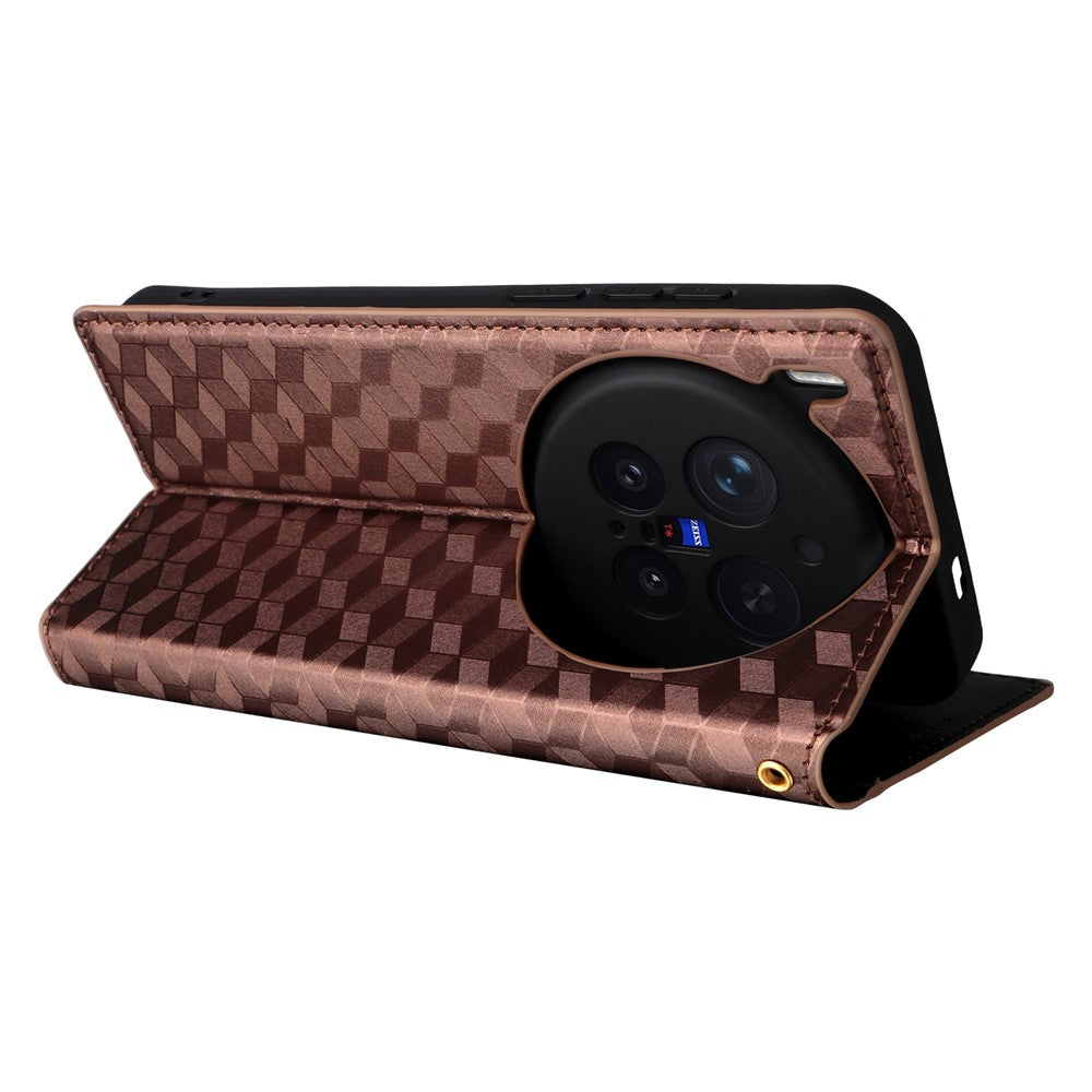 For vivo X300 Pro 5G Case Wallet Rhombus Imprinted PU Leather Phone Cover - Brown