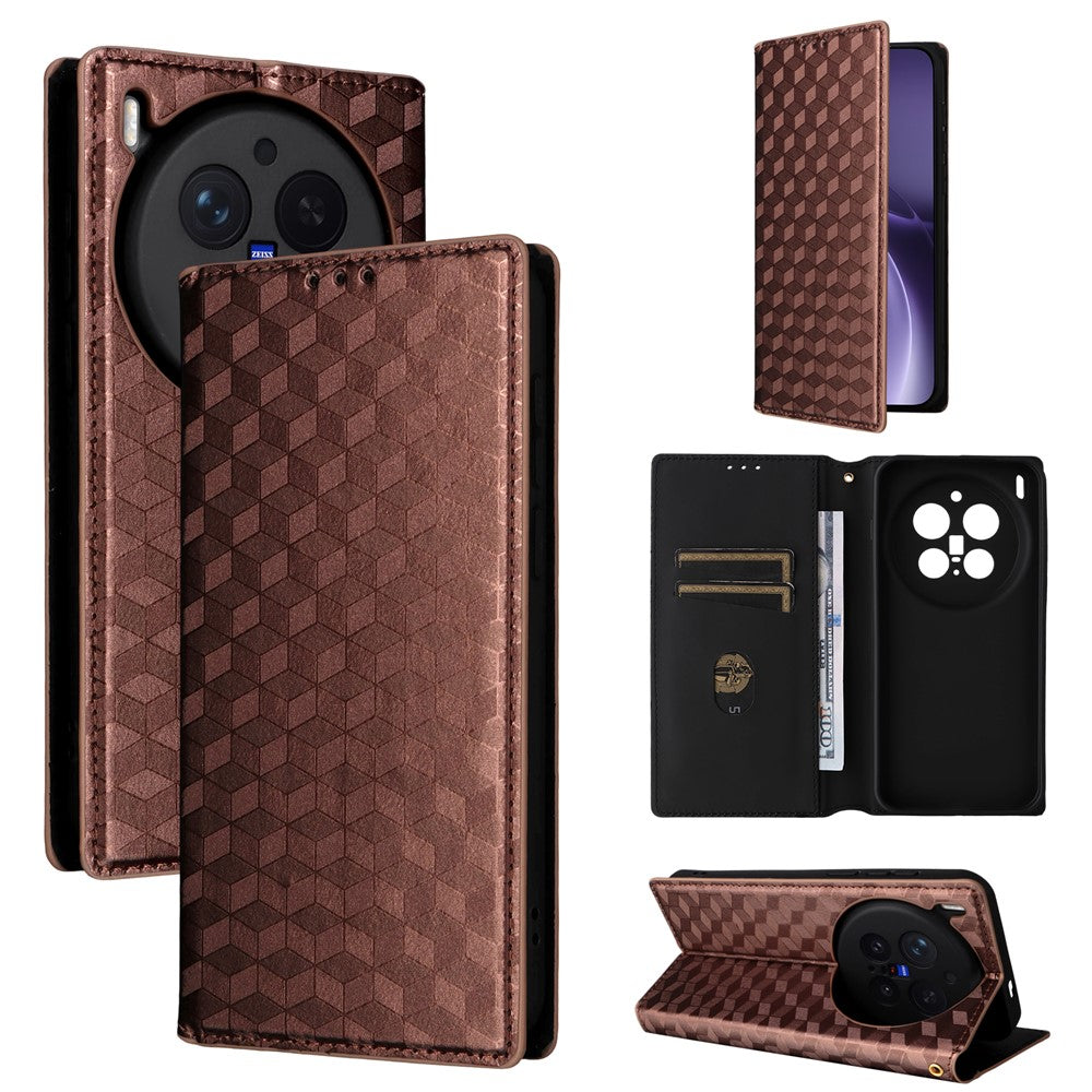 For vivo X300 Pro 5G Case Wallet Rhombus Imprinted PU Leather Phone Cover - Brown