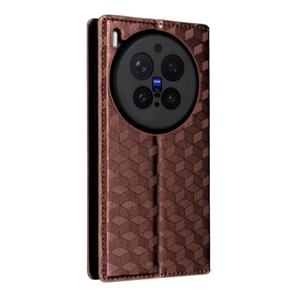 For vivo X300 Pro 5G Case Wallet Rhombus Imprinted PU Leather Phone Cover - Brown