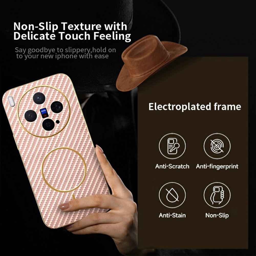 For vivo X300 5G Case Carbon Fiber Textured Electroplated TPU Phone Back Cover - Pink