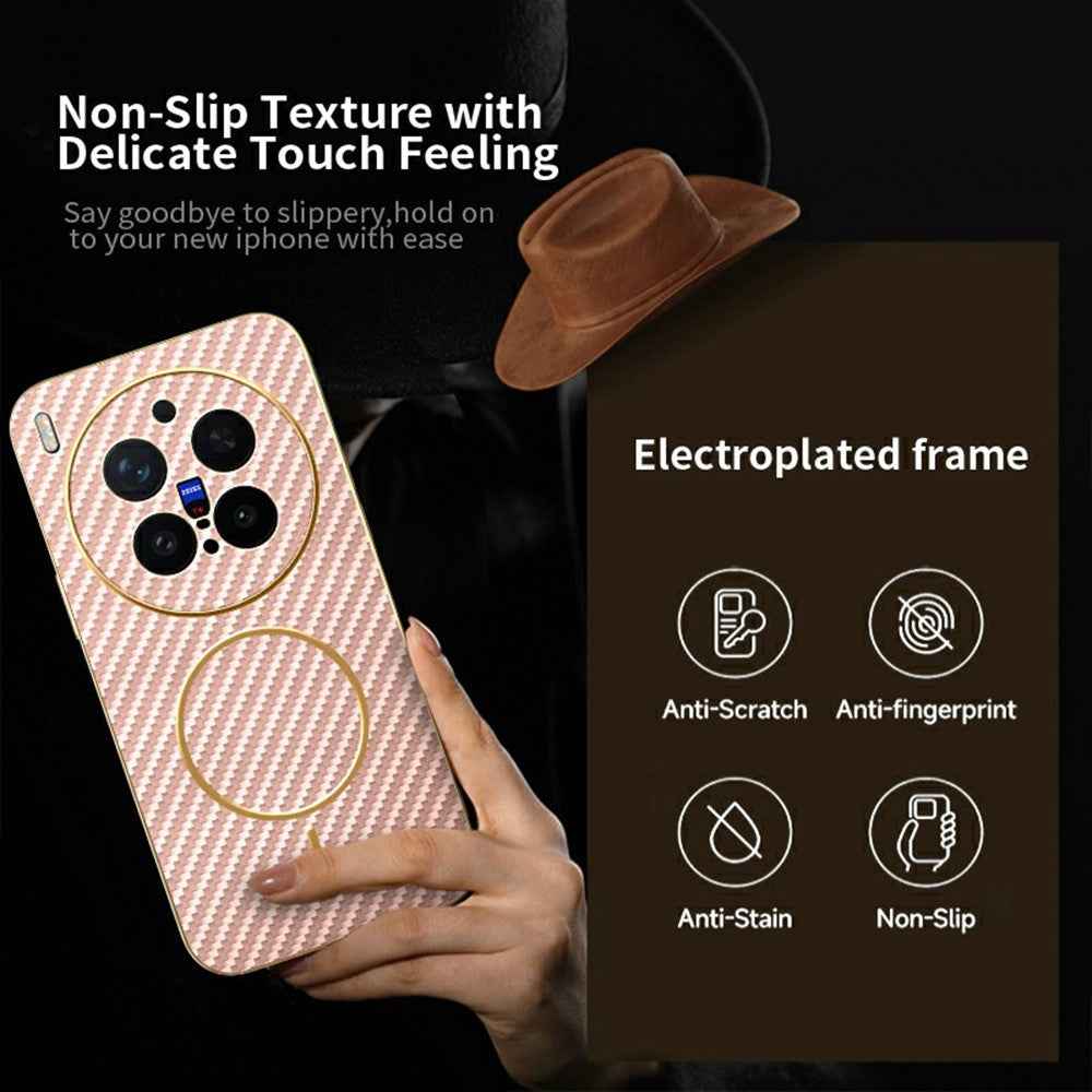 For vivo X300 Pro 5G Case Carbon Fiber Textured Electroplated TPU Phone Back Cover - Pink