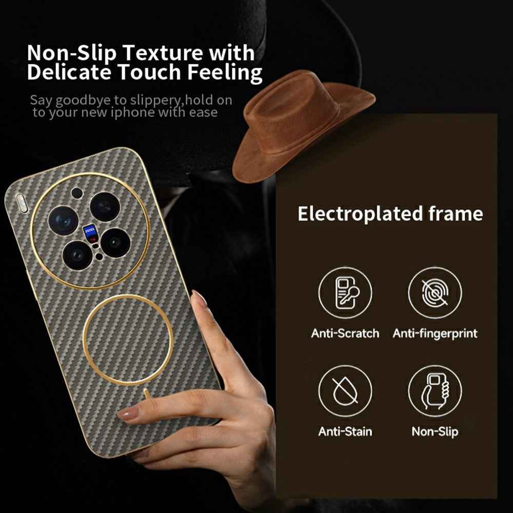 For vivo X300 Pro 5G Case Carbon Fiber Textured Electroplated TPU Phone Back Cover - Coffee