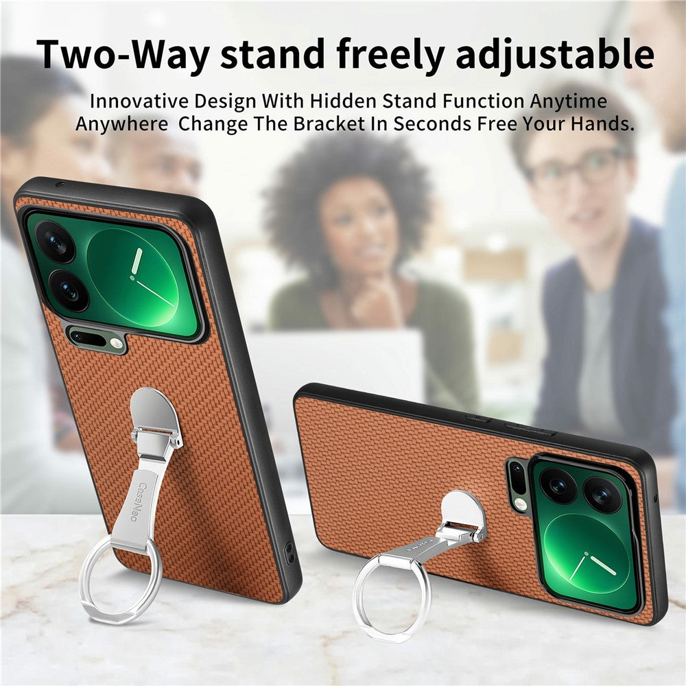 CASENEO C1-19 for Xiaomi 17 Pro Max Case Folding Kickstand Leather Back Cover Carbon Fiber Texture - Brown