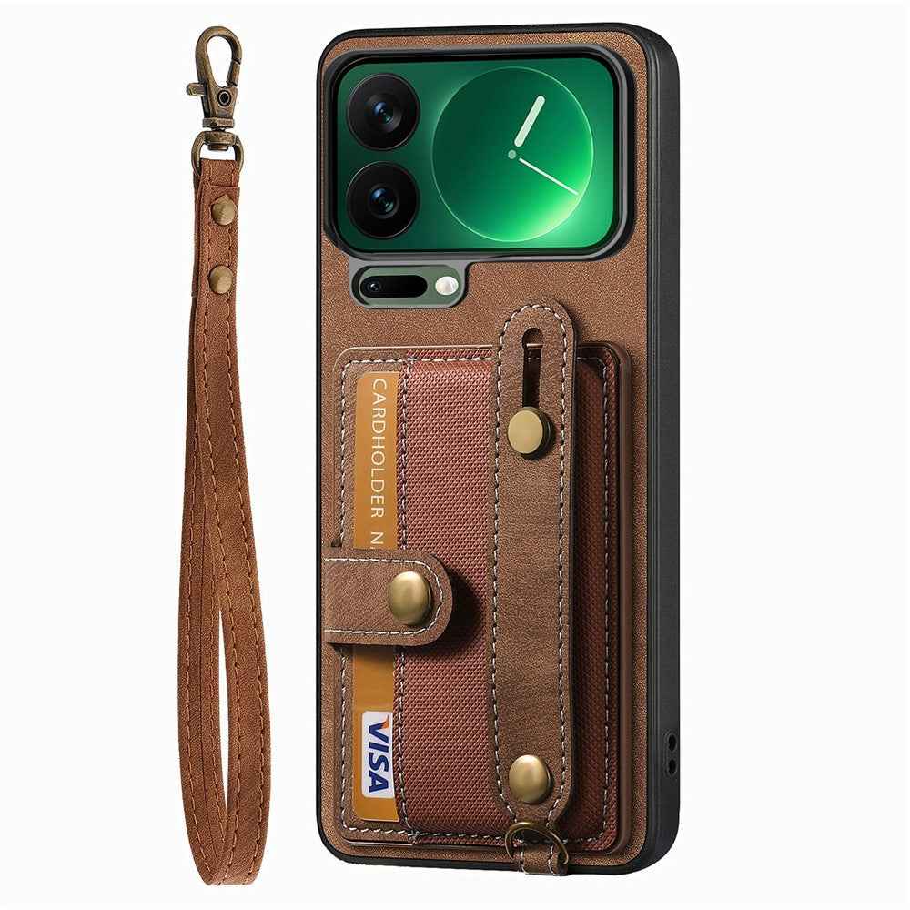 For Xiaomi 17 Pro Case Retro PU Leather Back Phone Cover with Card Holder  /  Wristband Kickstand - Brown