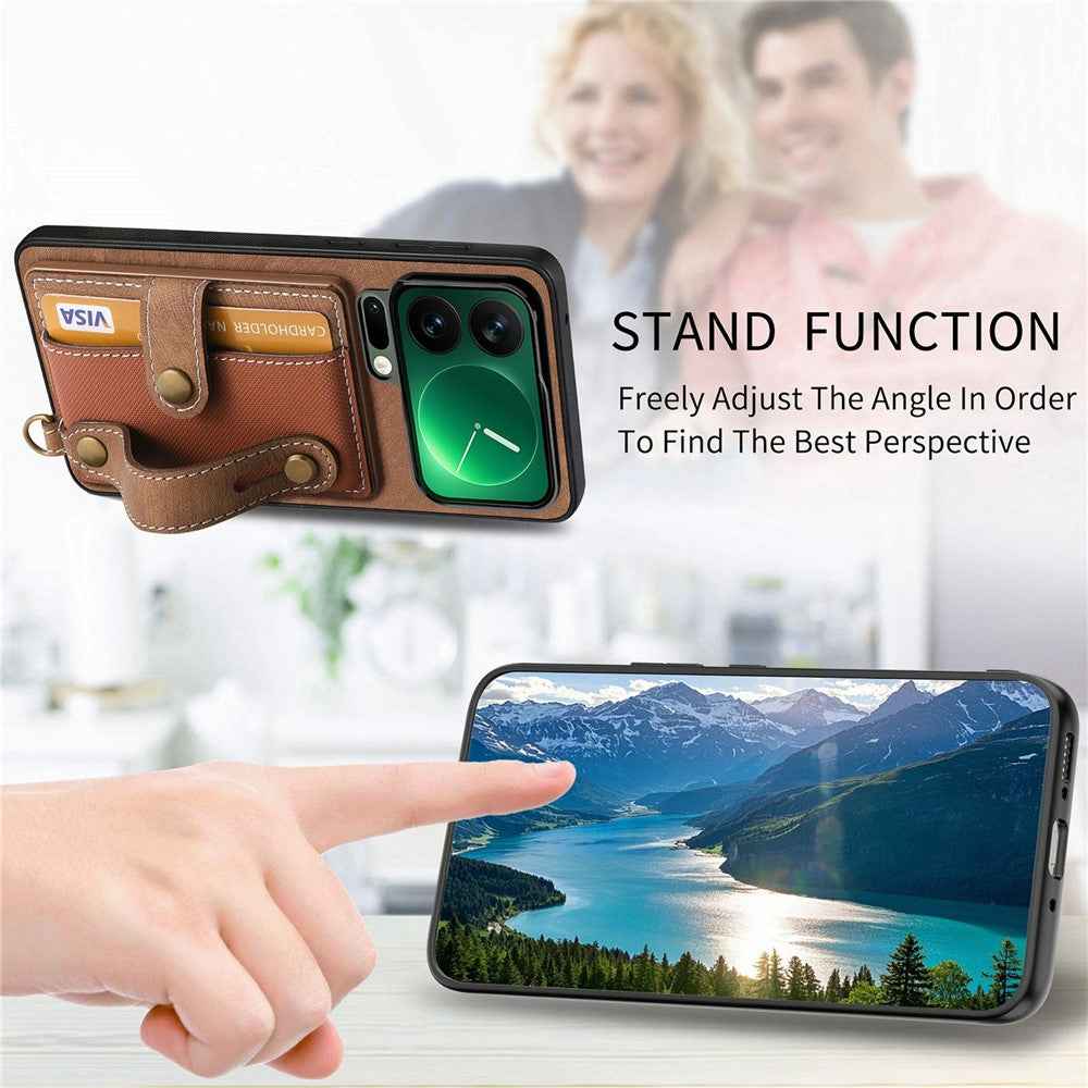 For Xiaomi 17 Pro Case Retro PU Leather Back Phone Cover with Card Holder  /  Wristband Kickstand - Brown