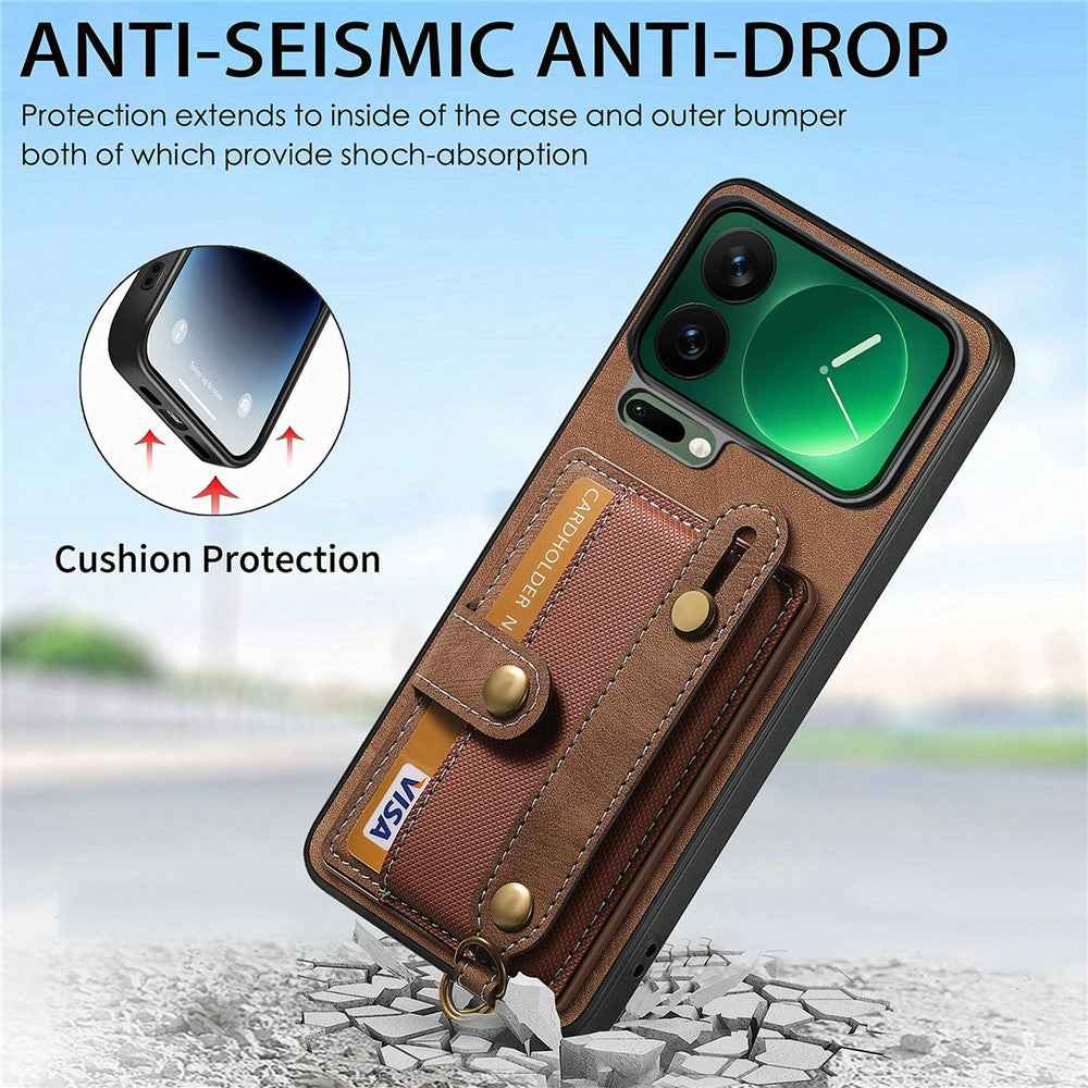 For Xiaomi 17 Pro Case Retro PU Leather Back Phone Cover with Card Holder  /  Wristband Kickstand - Brown