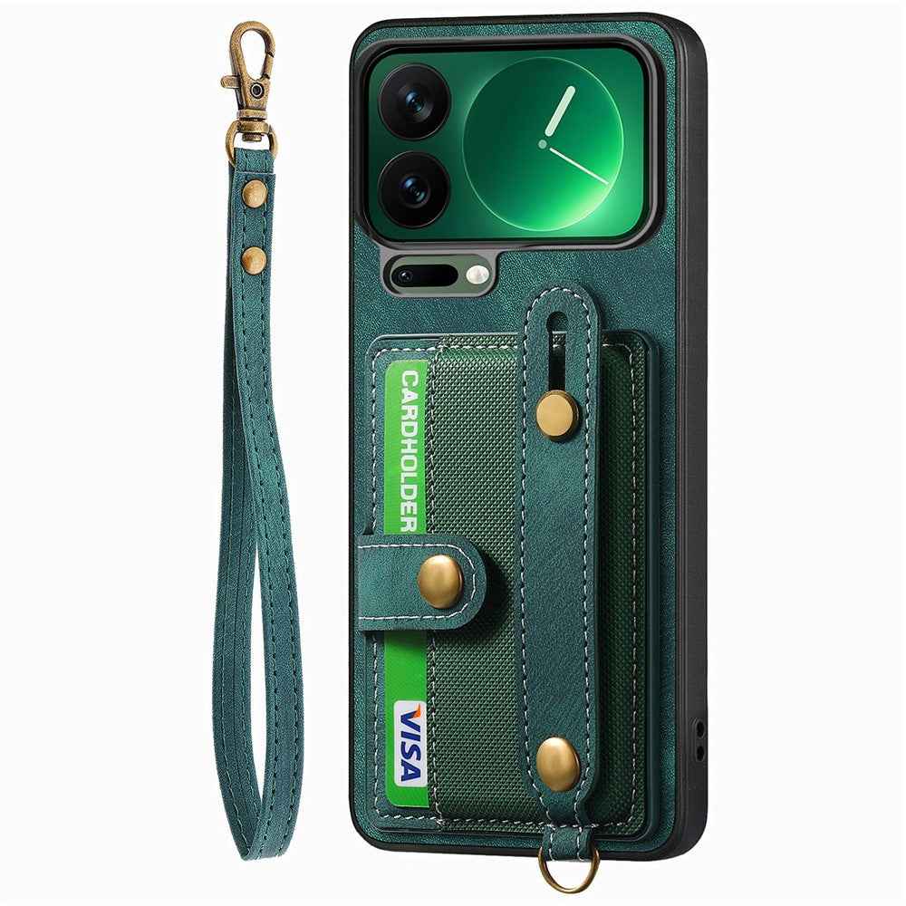 For Xiaomi 17 Pro Case Retro PU Leather Back Phone Cover with Card Holder  /  Wristband Kickstand - Green