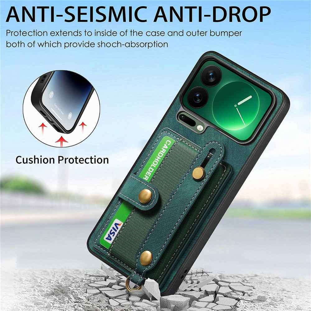 For Xiaomi 17 Pro Case Retro PU Leather Back Phone Cover with Card Holder  /  Wristband Kickstand - Green