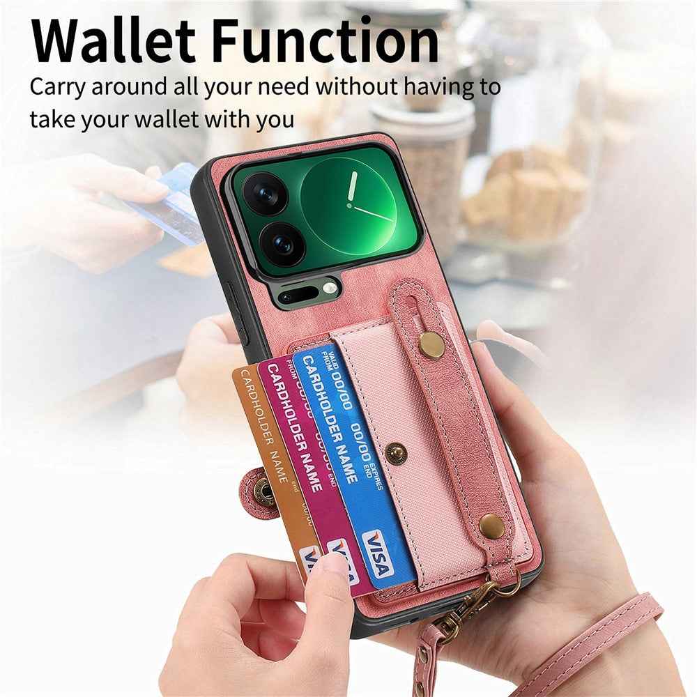 For Xiaomi 17 Pro Case Retro PU Leather Back Phone Cover with Card Holder  /  Wristband Kickstand - Pink