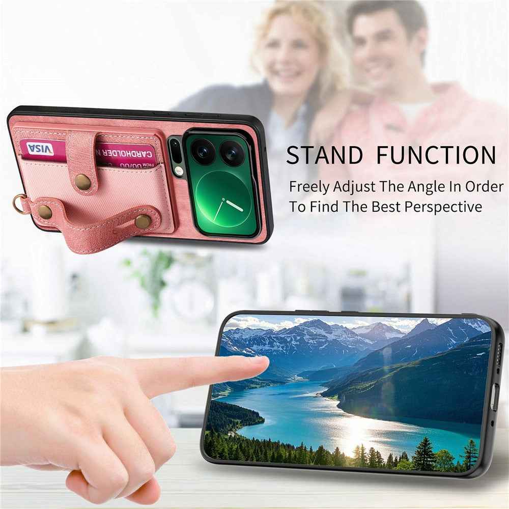 For Xiaomi 17 Pro Case Retro PU Leather Back Phone Cover with Card Holder  /  Wristband Kickstand - Pink