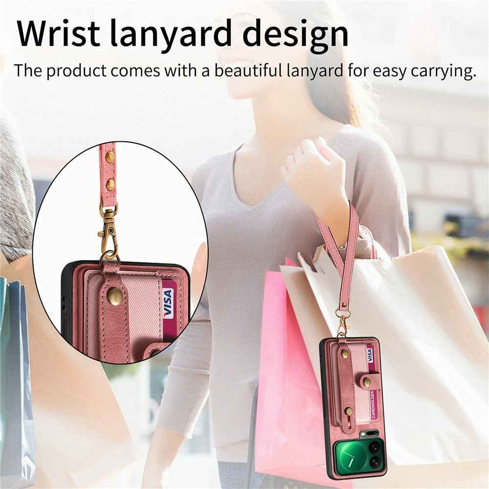 For Xiaomi 17 Pro Case Retro PU Leather Back Phone Cover with Card Holder  /  Wristband Kickstand - Pink