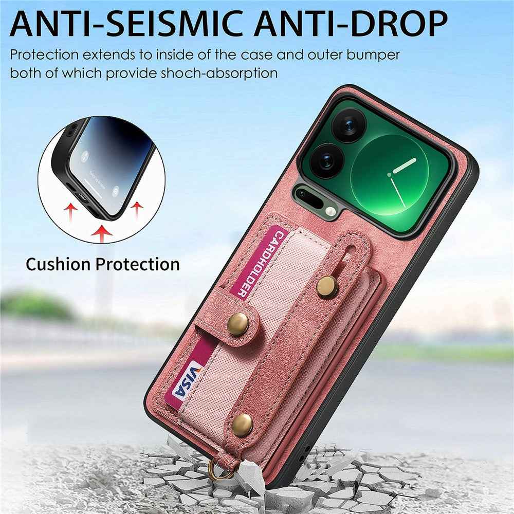 For Xiaomi 17 Pro Case Retro PU Leather Back Phone Cover with Card Holder  /  Wristband Kickstand - Pink