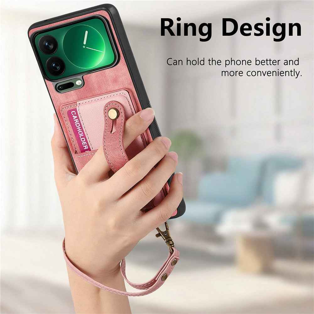 For Xiaomi 17 Pro Case Retro PU Leather Back Phone Cover with Card Holder  /  Wristband Kickstand - Pink