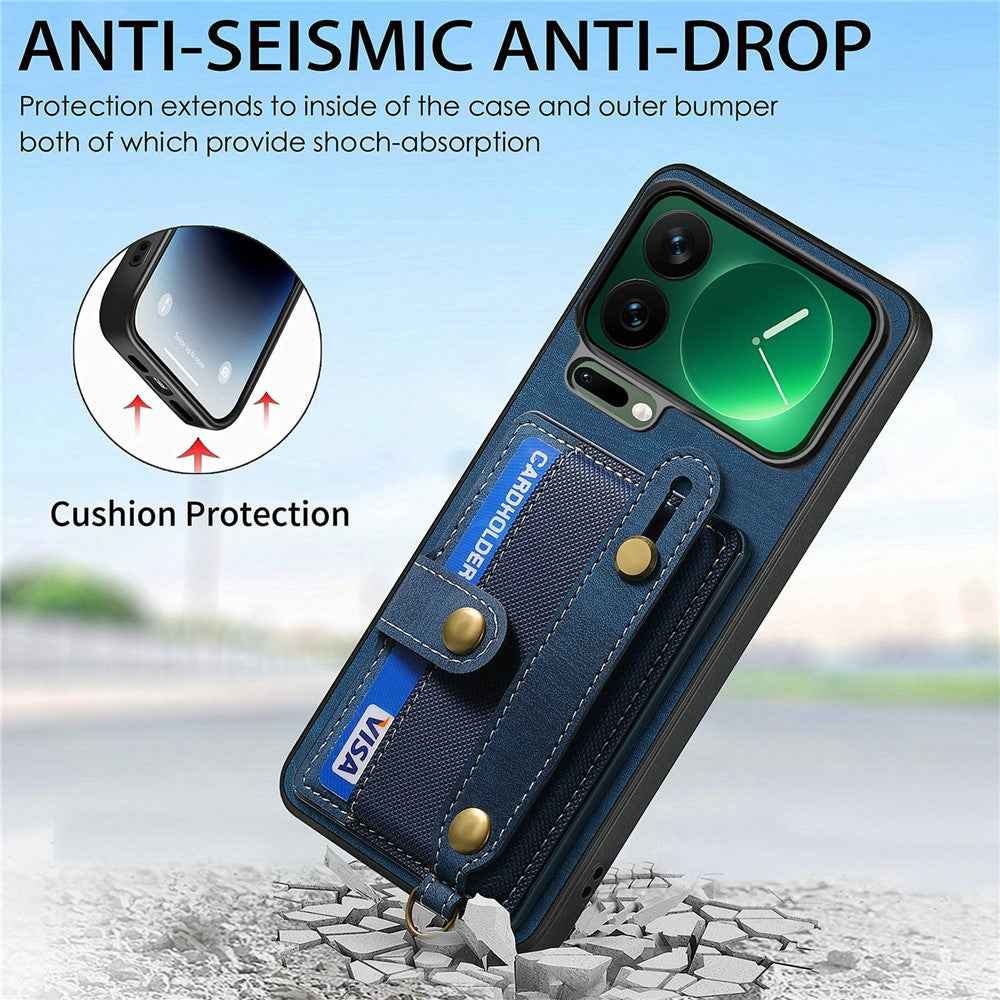 For Xiaomi 17 Pro Case Retro PU Leather Back Phone Cover with Card Holder  /  Wristband Kickstand - Blue