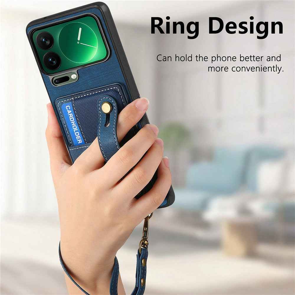 For Xiaomi 17 Pro Case Retro PU Leather Back Phone Cover with Card Holder  /  Wristband Kickstand - Blue