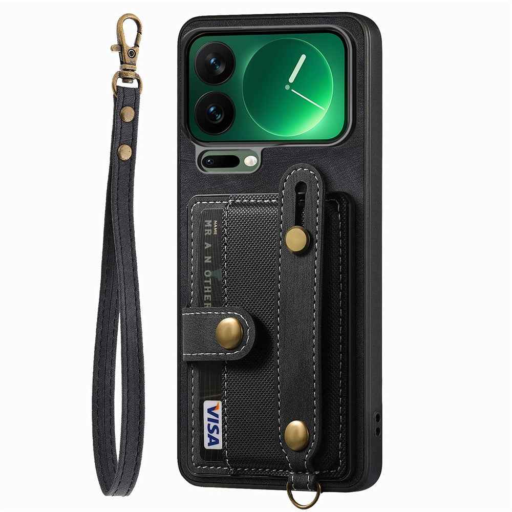 For Xiaomi 17 Pro Case Retro PU Leather Back Phone Cover with Card Holder  /  Wristband Kickstand - Black