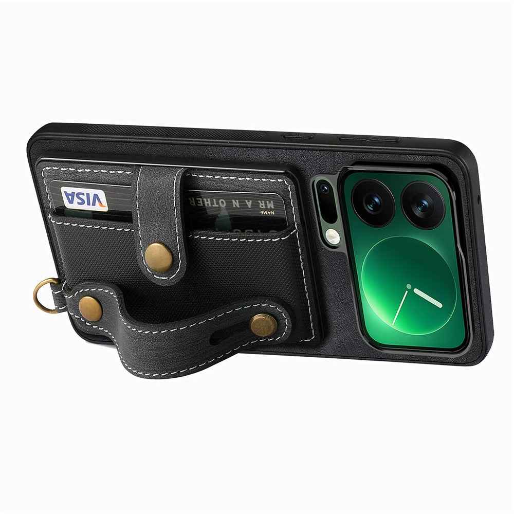 For Xiaomi 17 Pro Case Retro PU Leather Back Phone Cover with Card Holder  /  Wristband Kickstand - Black