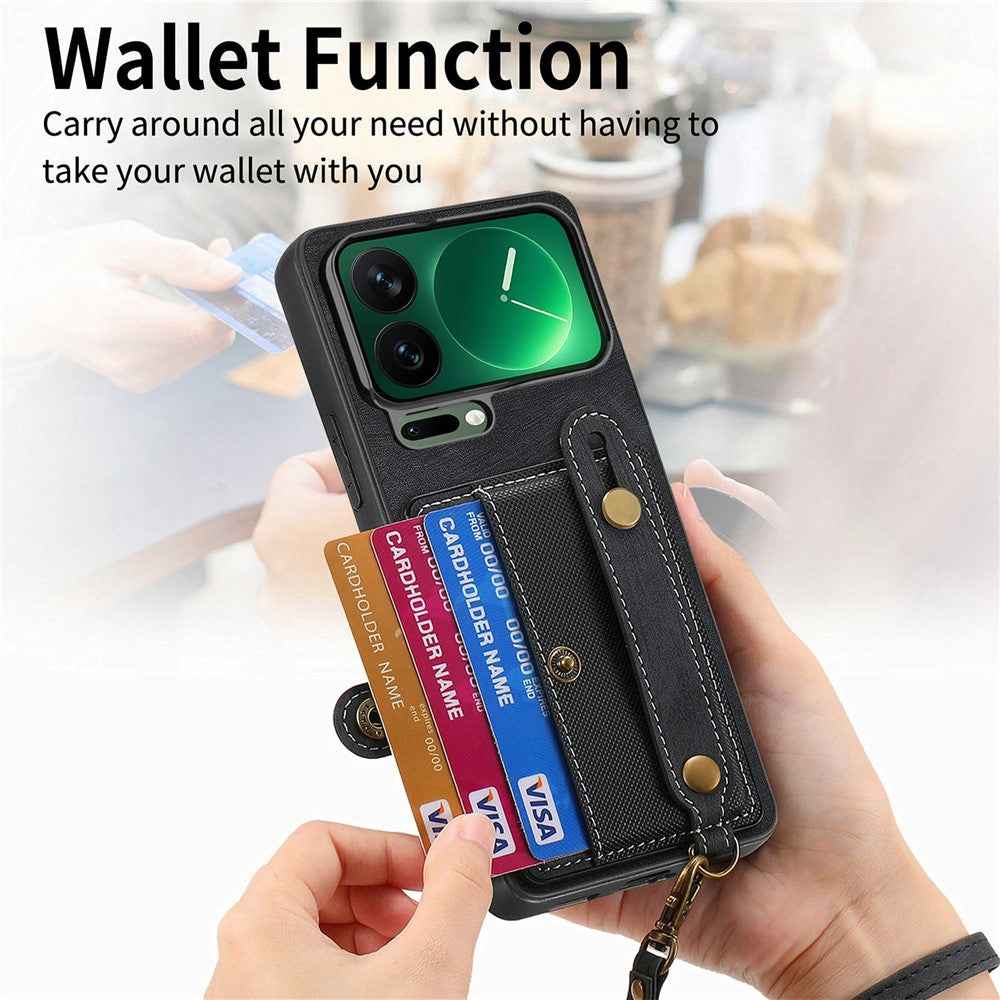 For Xiaomi 17 Pro Case Retro PU Leather Back Phone Cover with Card Holder  /  Wristband Kickstand - Black