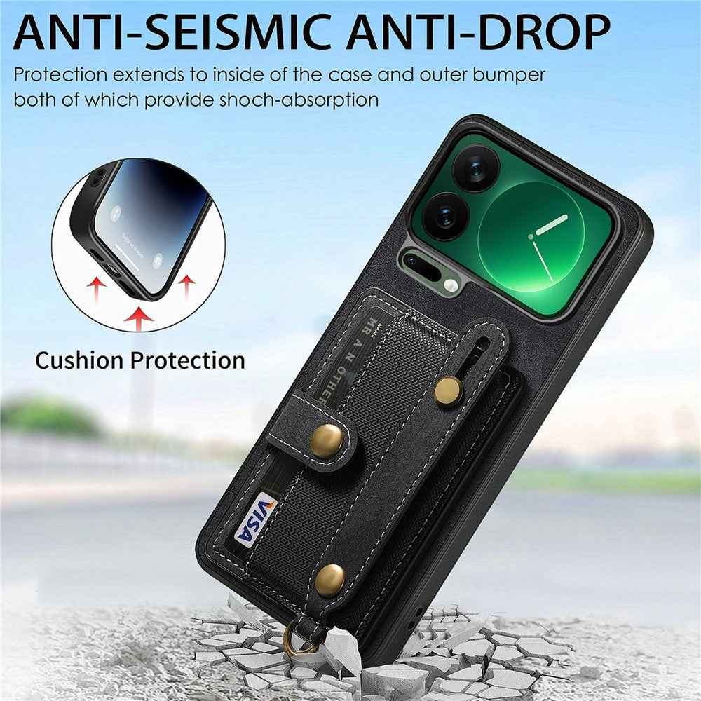 For Xiaomi 17 Pro Case Retro PU Leather Back Phone Cover with Card Holder  /  Wristband Kickstand - Black
