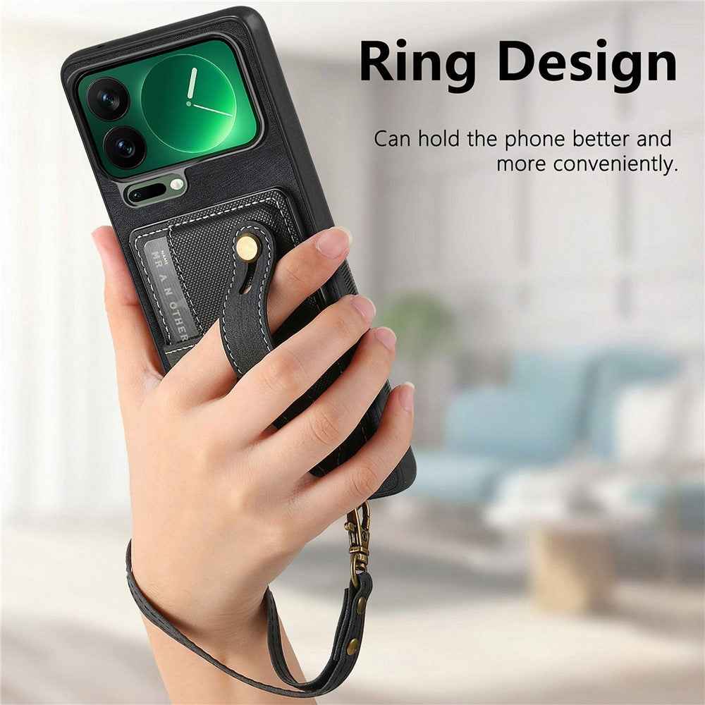 For Xiaomi 17 Pro Case Retro PU Leather Back Phone Cover with Card Holder  /  Wristband Kickstand - Black