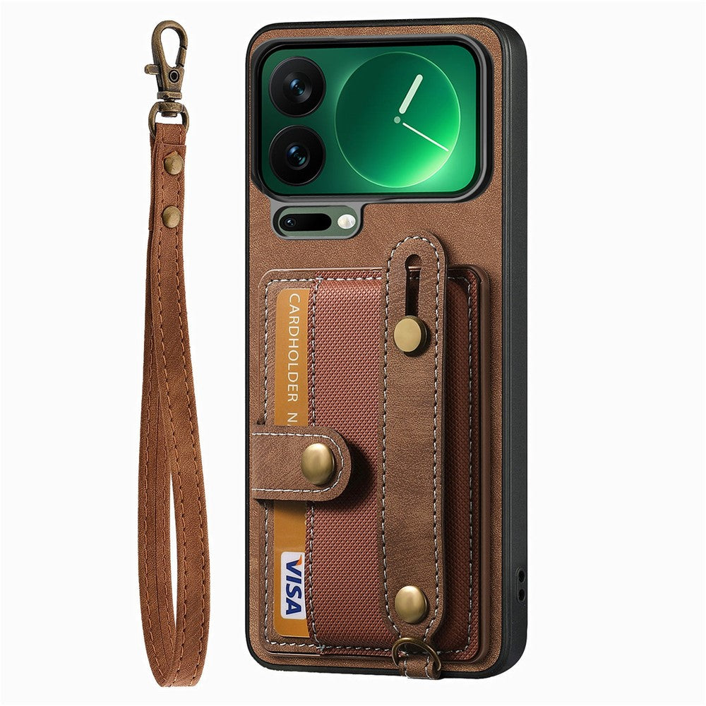 For Xiaomi 17 Pro Max Case Retro PU Leather Back Phone Cover with Card Holder  /  Wristband Kickstand - Brown