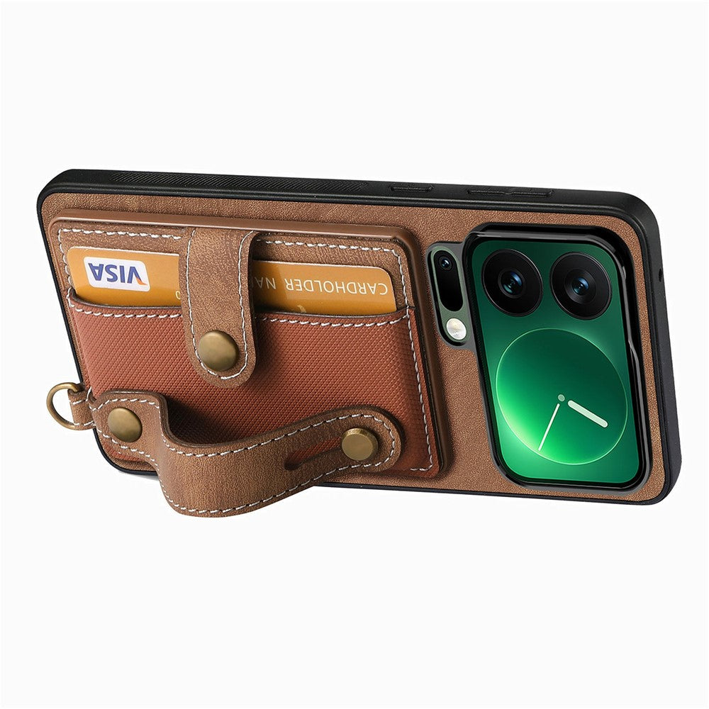 For Xiaomi 17 Pro Max Case Retro PU Leather Back Phone Cover with Card Holder  /  Wristband Kickstand - Brown