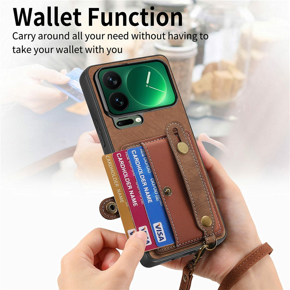 For Xiaomi 17 Pro Max Case Retro PU Leather Back Phone Cover with Card Holder  /  Wristband Kickstand - Brown