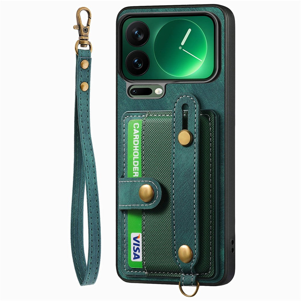 For Xiaomi 17 Pro Max Case Retro PU Leather Back Phone Cover with Card Holder  /  Wristband Kickstand - Green