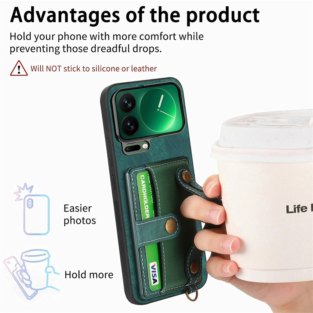 For Xiaomi 17 Pro Max Case Retro PU Leather Back Phone Cover with Card Holder  /  Wristband Kickstand - Green