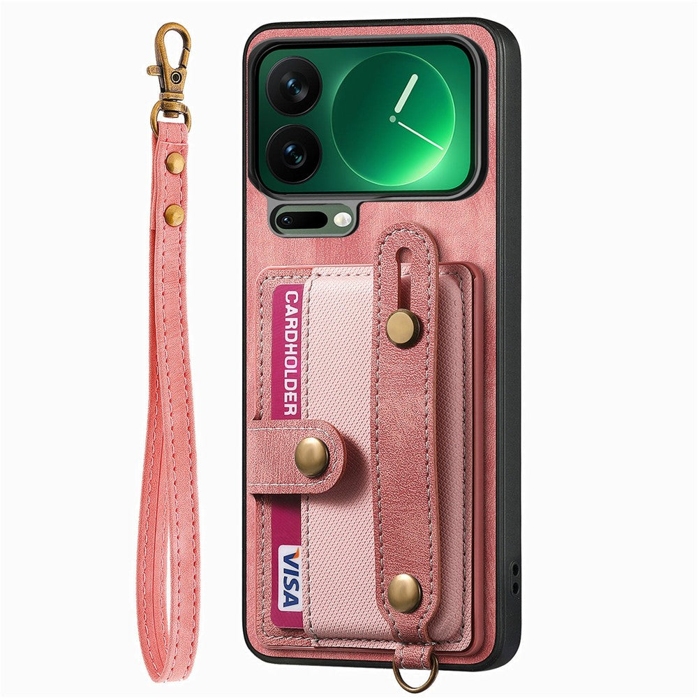 For Xiaomi 17 Pro Max Case Retro PU Leather Back Phone Cover with Card Holder  /  Wristband Kickstand - Pink