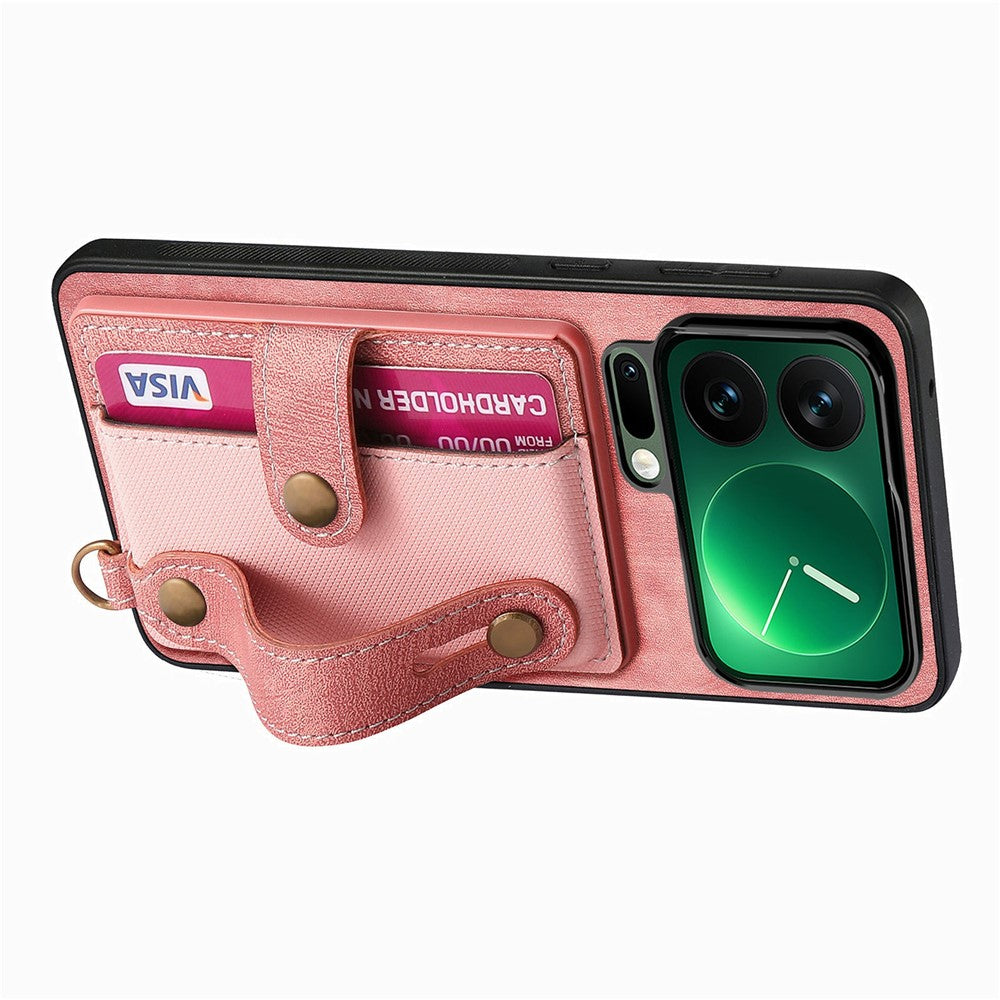 For Xiaomi 17 Pro Max Case Retro PU Leather Back Phone Cover with Card Holder  /  Wristband Kickstand - Pink