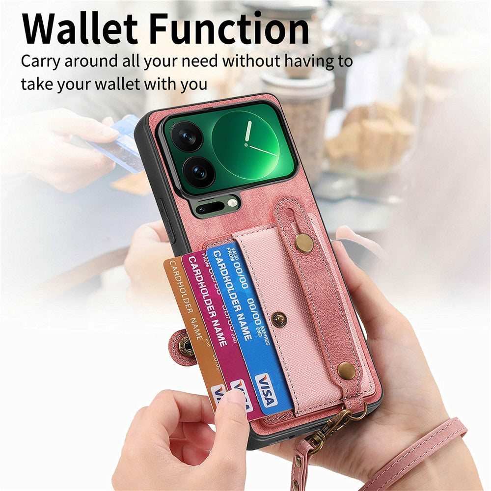 For Xiaomi 17 Pro Max Case Retro PU Leather Back Phone Cover with Card Holder  /  Wristband Kickstand - Pink