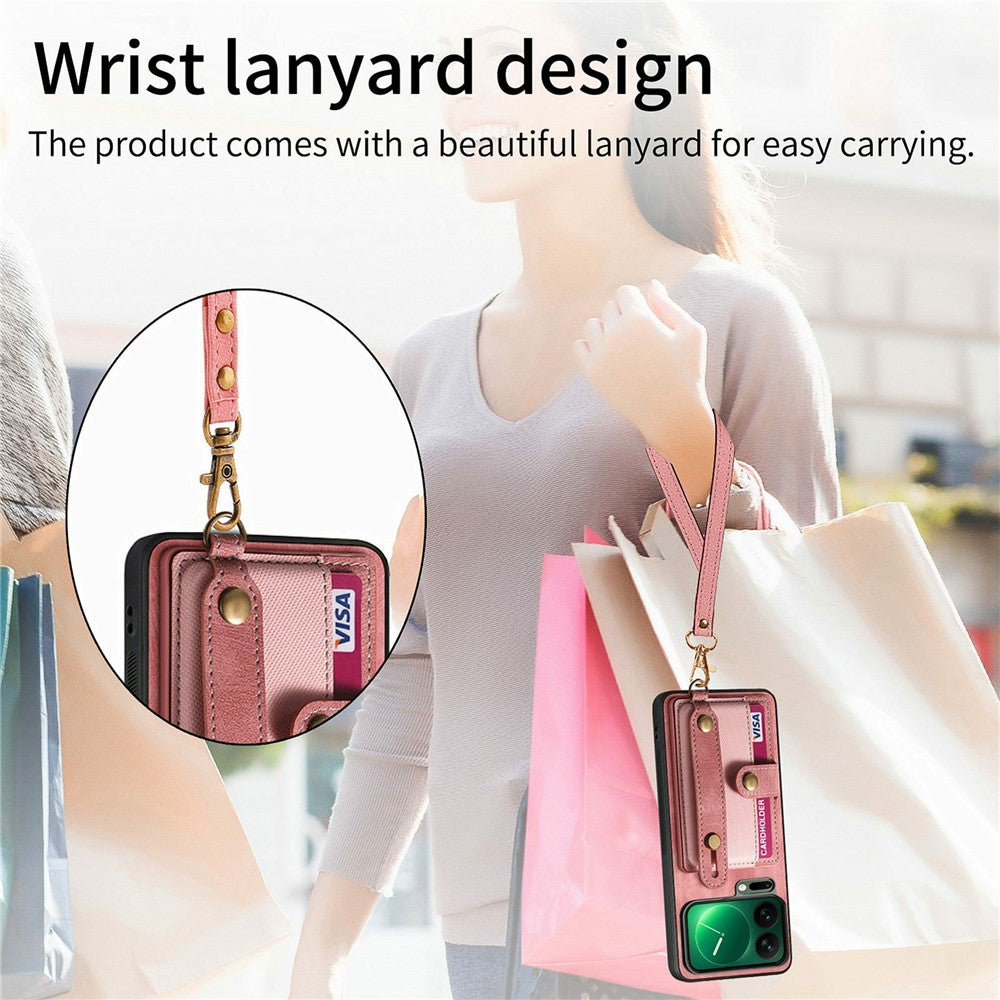 For Xiaomi 17 Pro Max Case Retro PU Leather Back Phone Cover with Card Holder  /  Wristband Kickstand - Pink